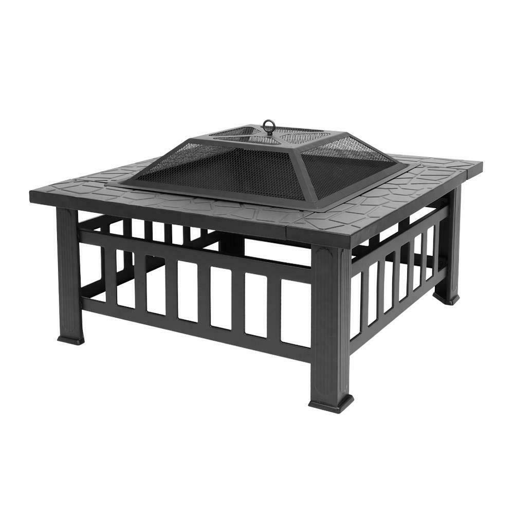 32" Square Metal Wood Burning Fire Pit with Poker & Mesh Cover Y854039