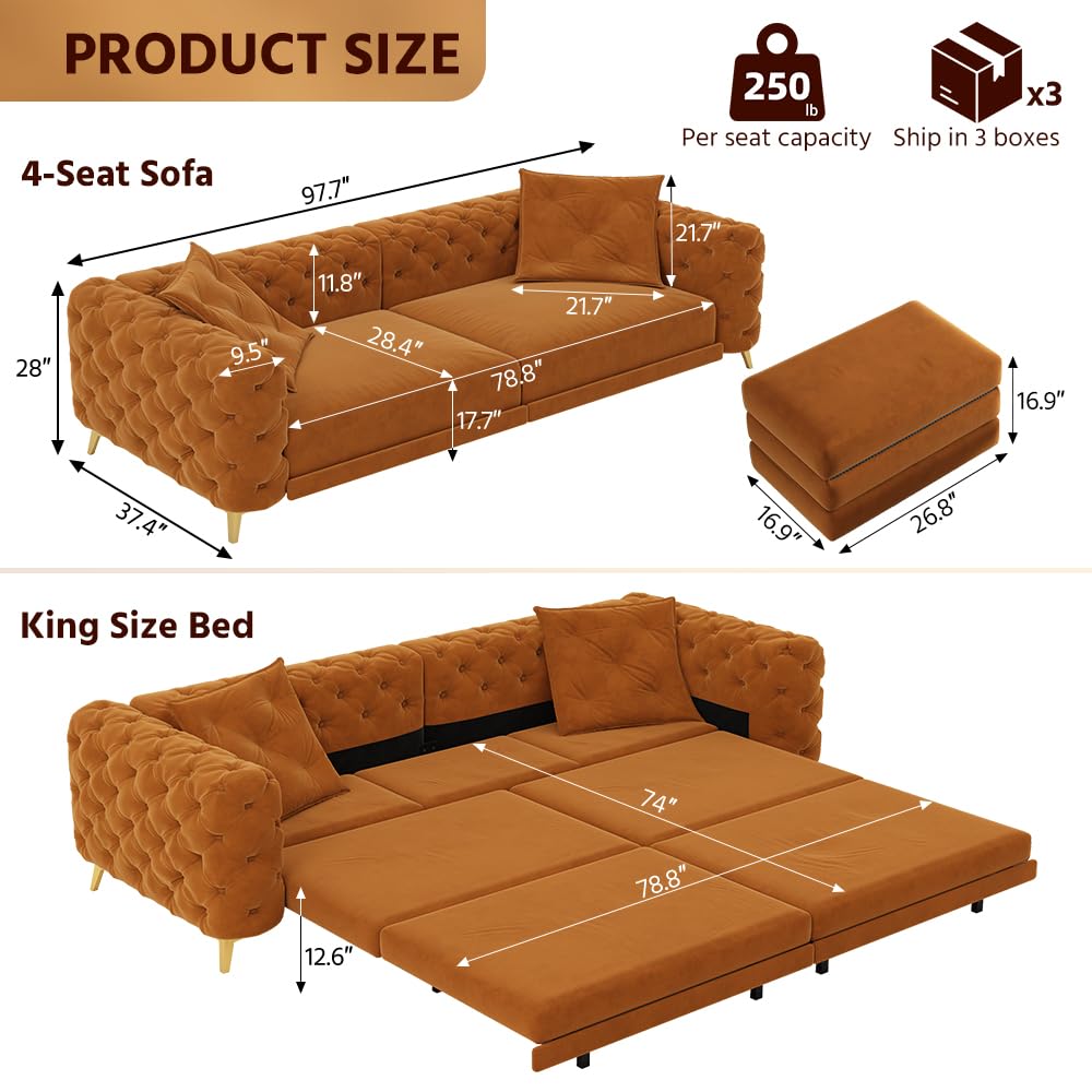 King Velvet Pull Out Sleeper Sofa with Ottoman H6843