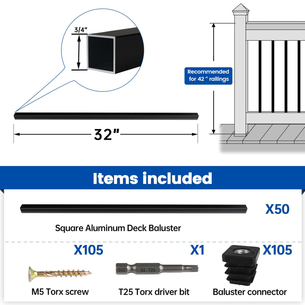 50 Pack 32" Black Aluminum Square Deck Balusters D859