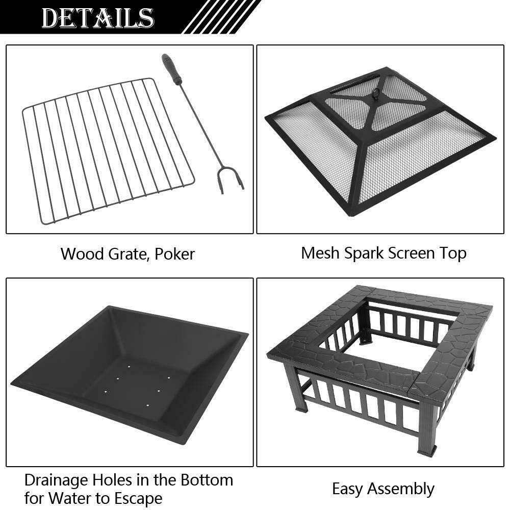 32" Square Metal Wood Burning Fire Pit with Poker & Mesh Cover Y854039
