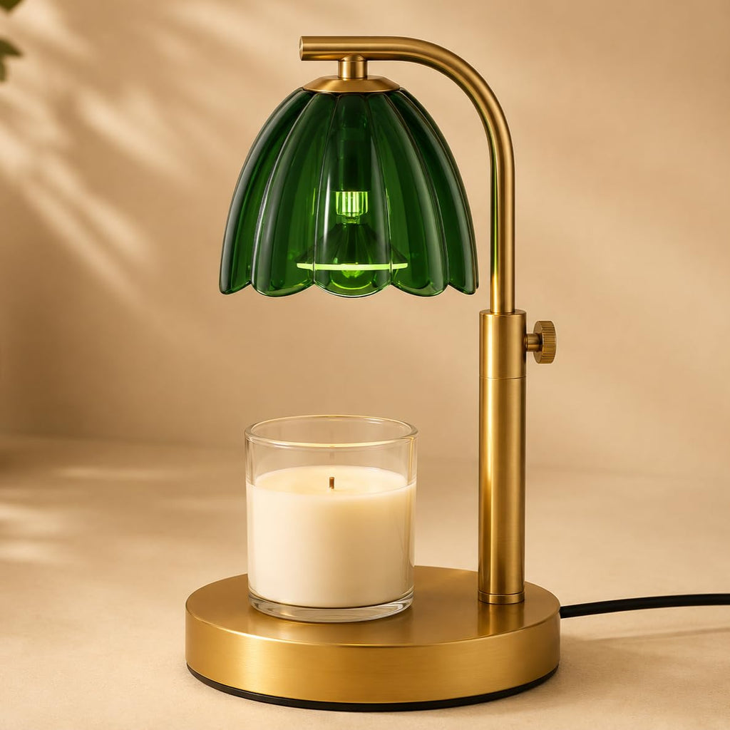 Scalloped Glass Candle Warmer Lamp with Timer, Dimmable, Adjustable Height, Gold Metal, Green V788380