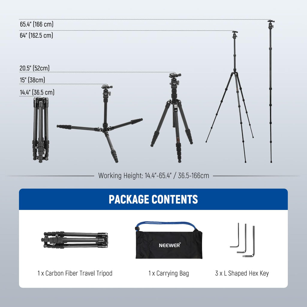 Carbon Fiber Camera Tripod Monopod 65" Lightweight Compact Travel DSLR Video Stand 360° Ball Head 13.2 lbs V689682