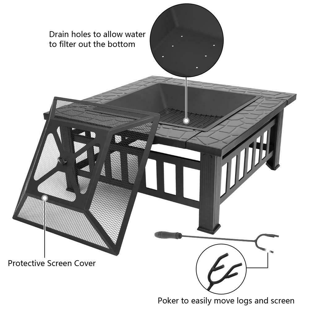 32" Square Metal Wood Burning Fire Pit with Poker & Mesh Cover Y854039