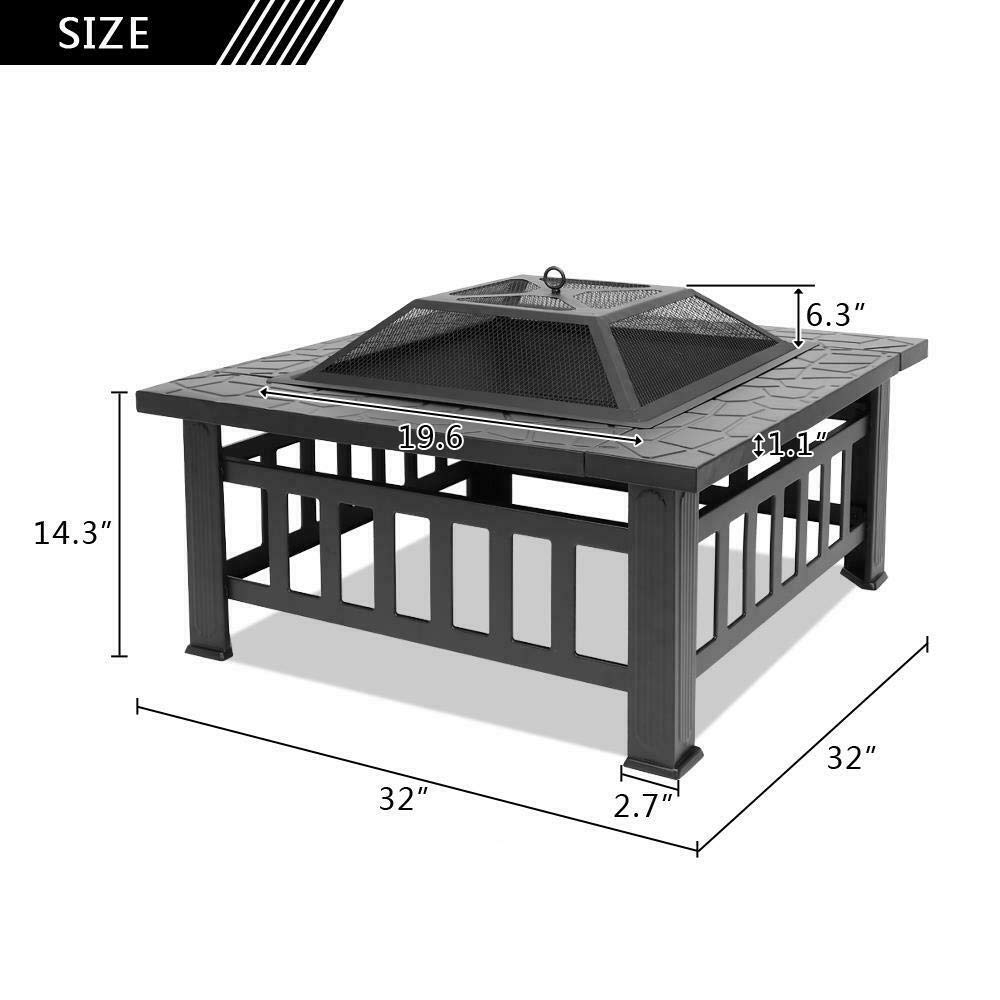 32" Square Metal Wood Burning Fire Pit with Poker & Mesh Cover Y854039