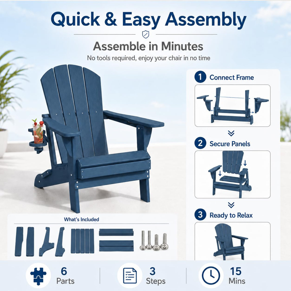 Folding Adirondack Chairs Set of 4 with Cup Holders, Heavy-Duty HDPE Plastic, Navy Blue P614786
