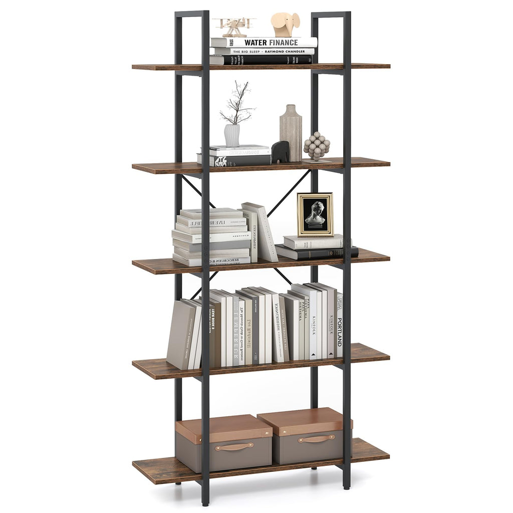 5-Tier Rustic Brown Bookshelf with Metal Frame X51833