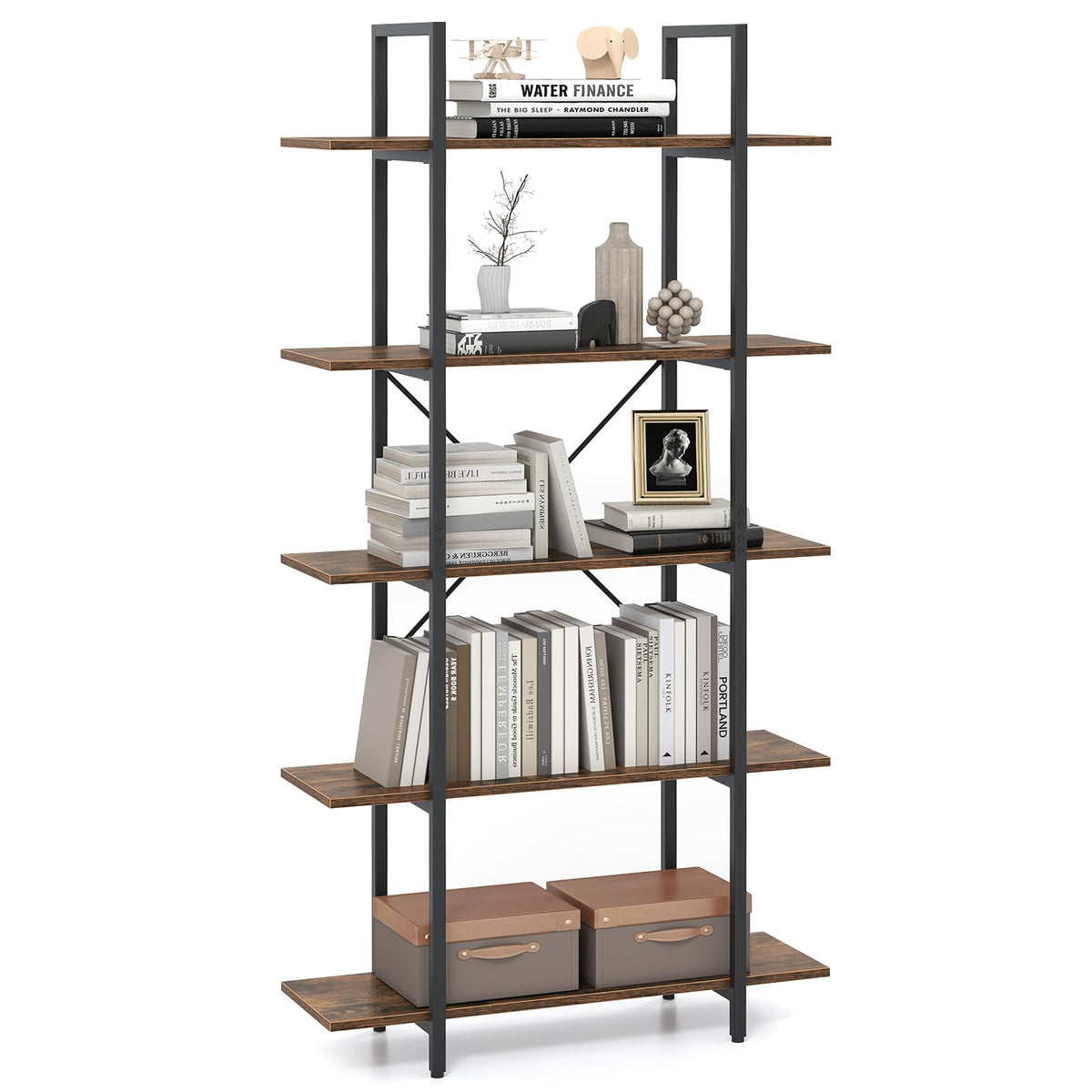 5-Tier Rustic Brown Bookshelf with Metal Frame X51833