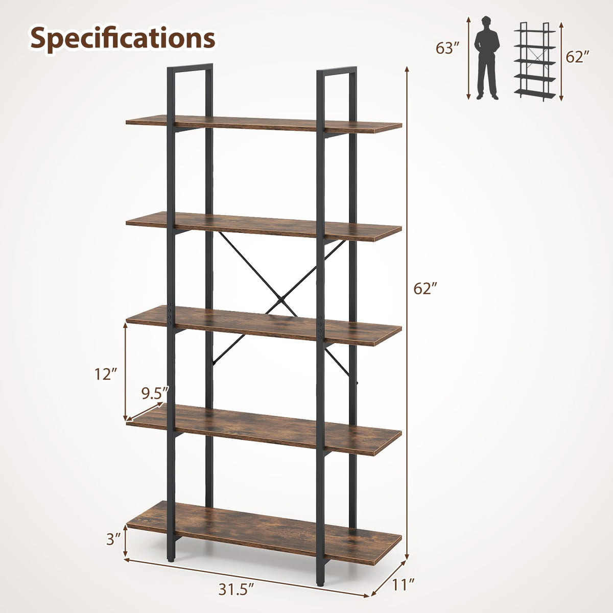 5-Tier Rustic Brown Bookshelf with Metal Frame X51833
