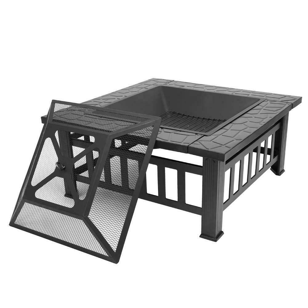 32" Square Metal Wood Burning Fire Pit with Poker & Mesh Cover Y854039
