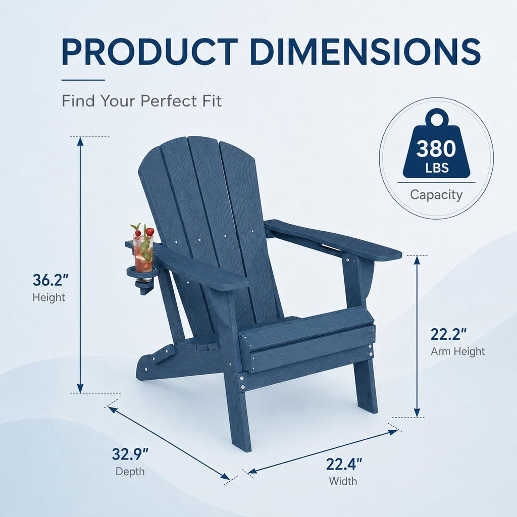 Folding Adirondack Chairs Set of 4 with Cup Holders, Heavy-Duty HDPE Plastic, Navy Blue P614786