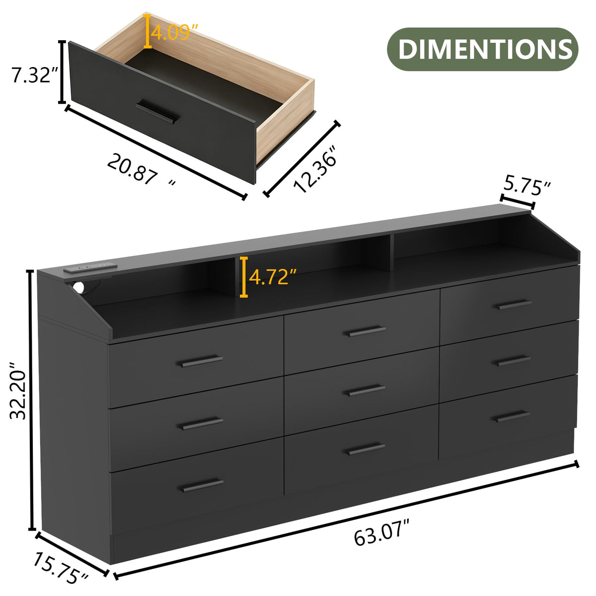 Black 9 Drawer Dresser with Power Outlet U557432