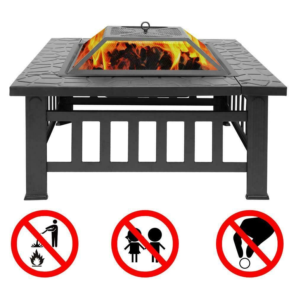 32" Square Metal Wood Burning Fire Pit with Poker & Mesh Cover Y854039
