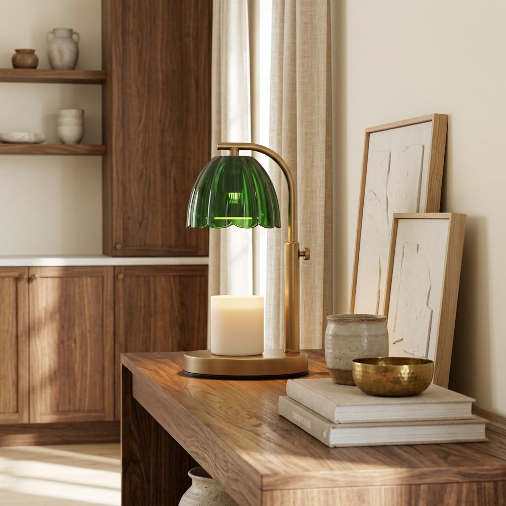 Scalloped Glass Candle Warmer Lamp with Timer, Dimmable, Adjustable Height, Gold Metal, Green V788380