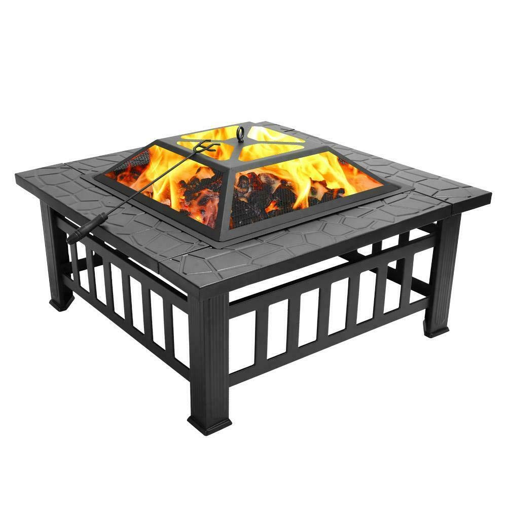 32" Square Metal Wood Burning Fire Pit with Poker & Mesh Cover Y854039