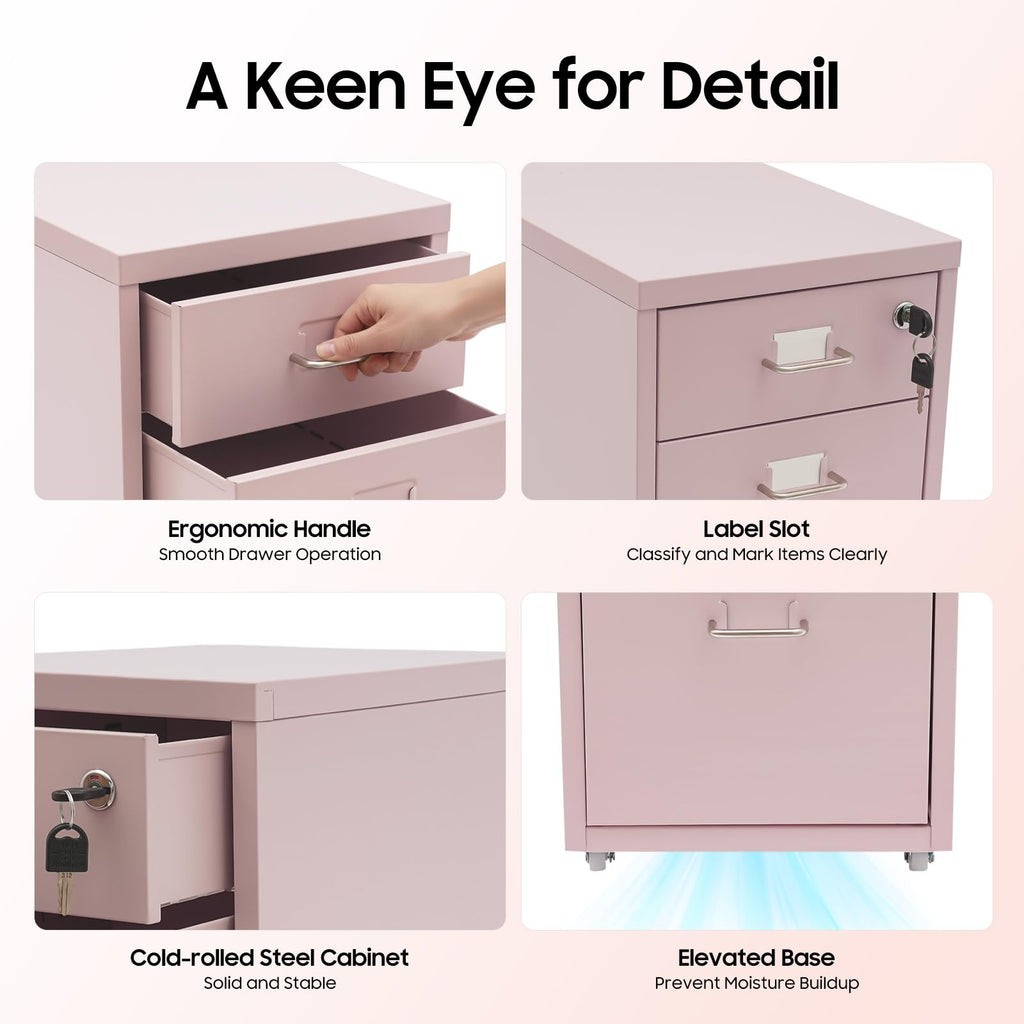 Pink 3 Drawer Metal File Cabinet with Lock Y9428