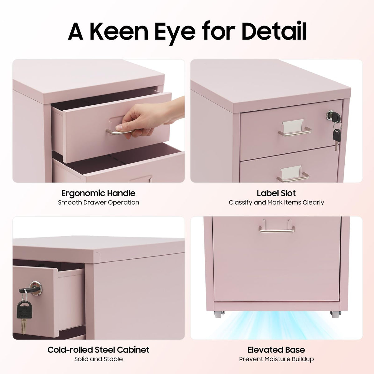 Pink 3 Drawer Metal File Cabinet with Lock Y9428