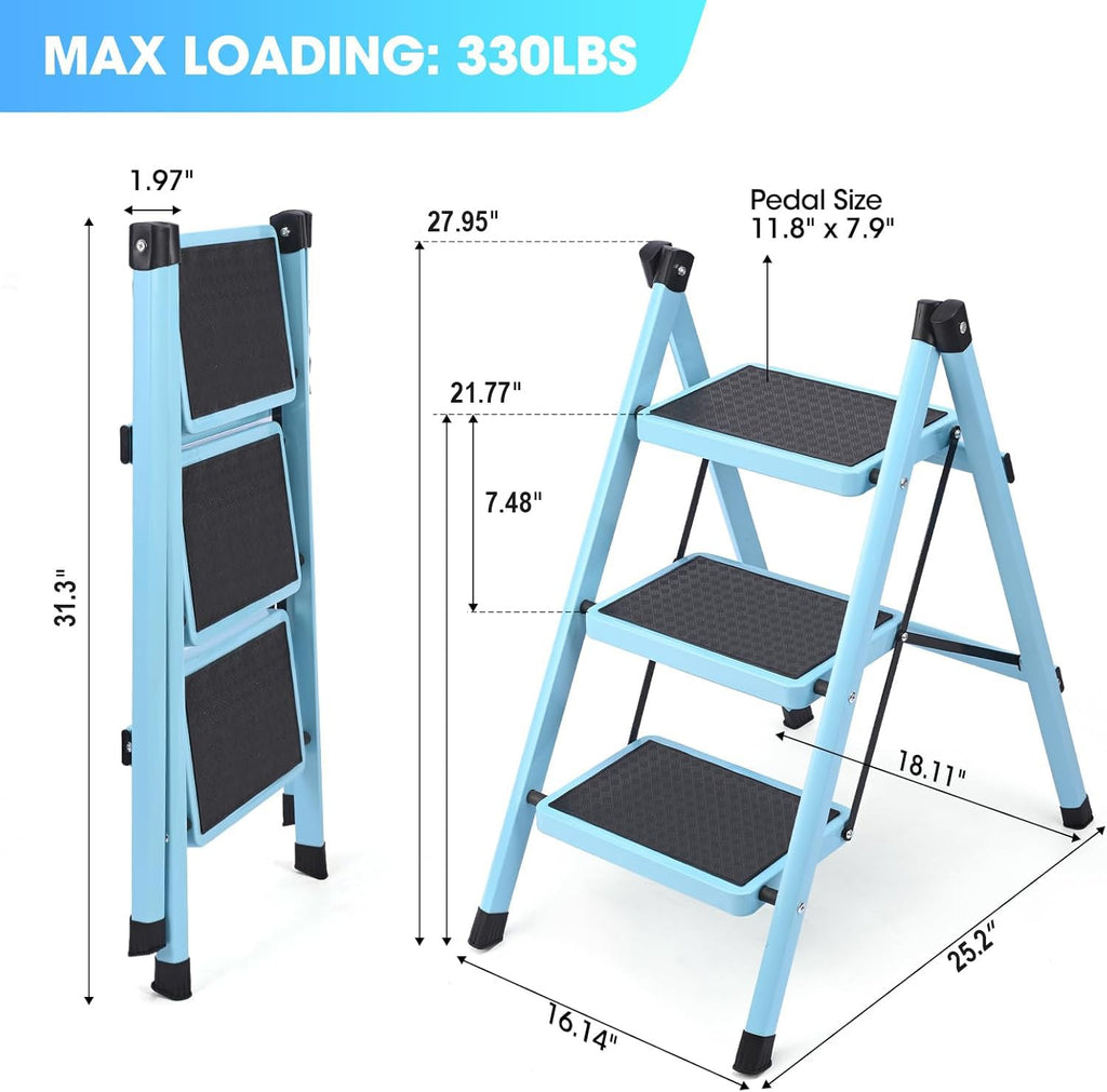 Folding Aluminum 3 Step Ladder 330 LBS Capacity Blue X630