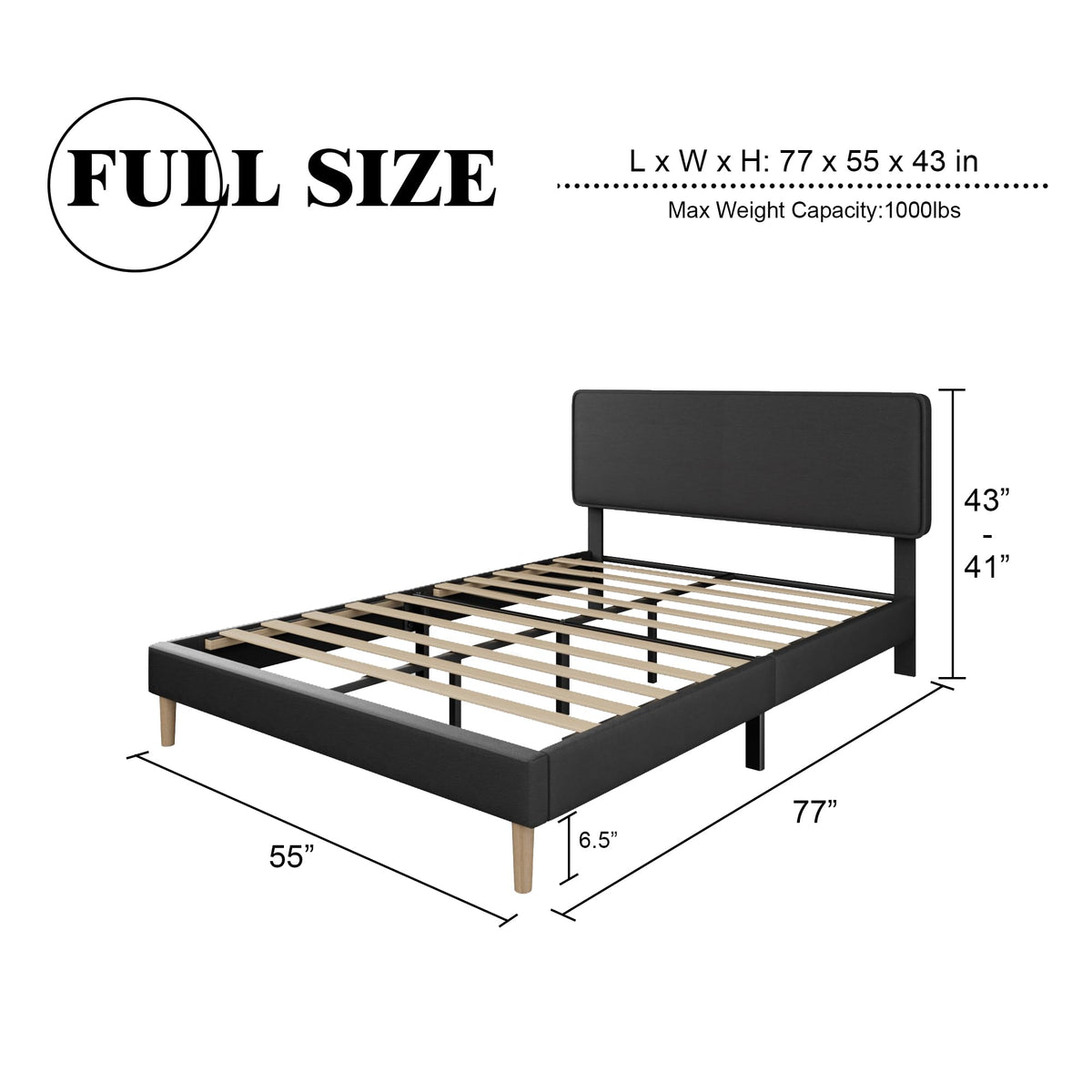 Black Full Size Upholstered Platform Bed Frame with Adjustable Headboard S2910