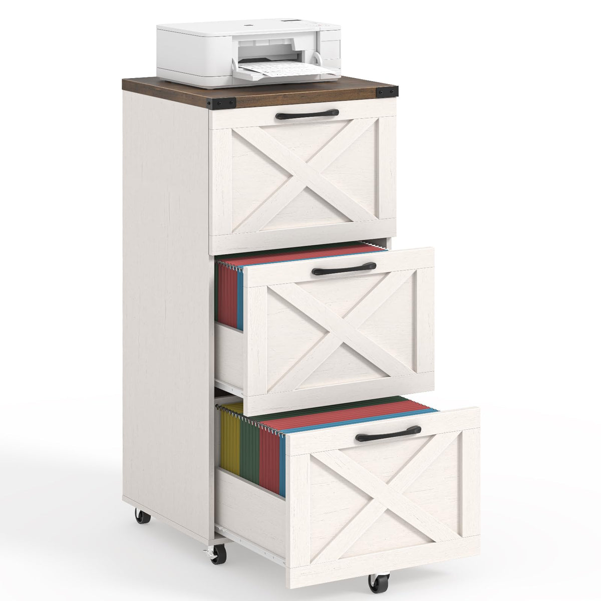 3 Drawer White File Cabinet with Wheels V40127