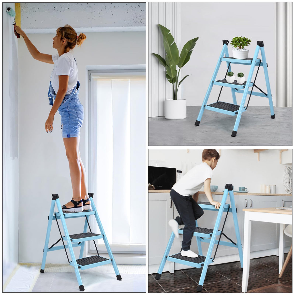 Folding Aluminum 3 Step Ladder 330 LBS Capacity Blue X630