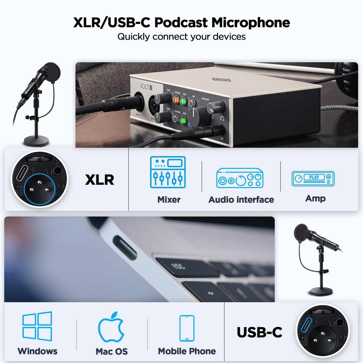 USB Dynamic Microphone with Desktop Stand, Pop Filter, Headphone Jack Z331242