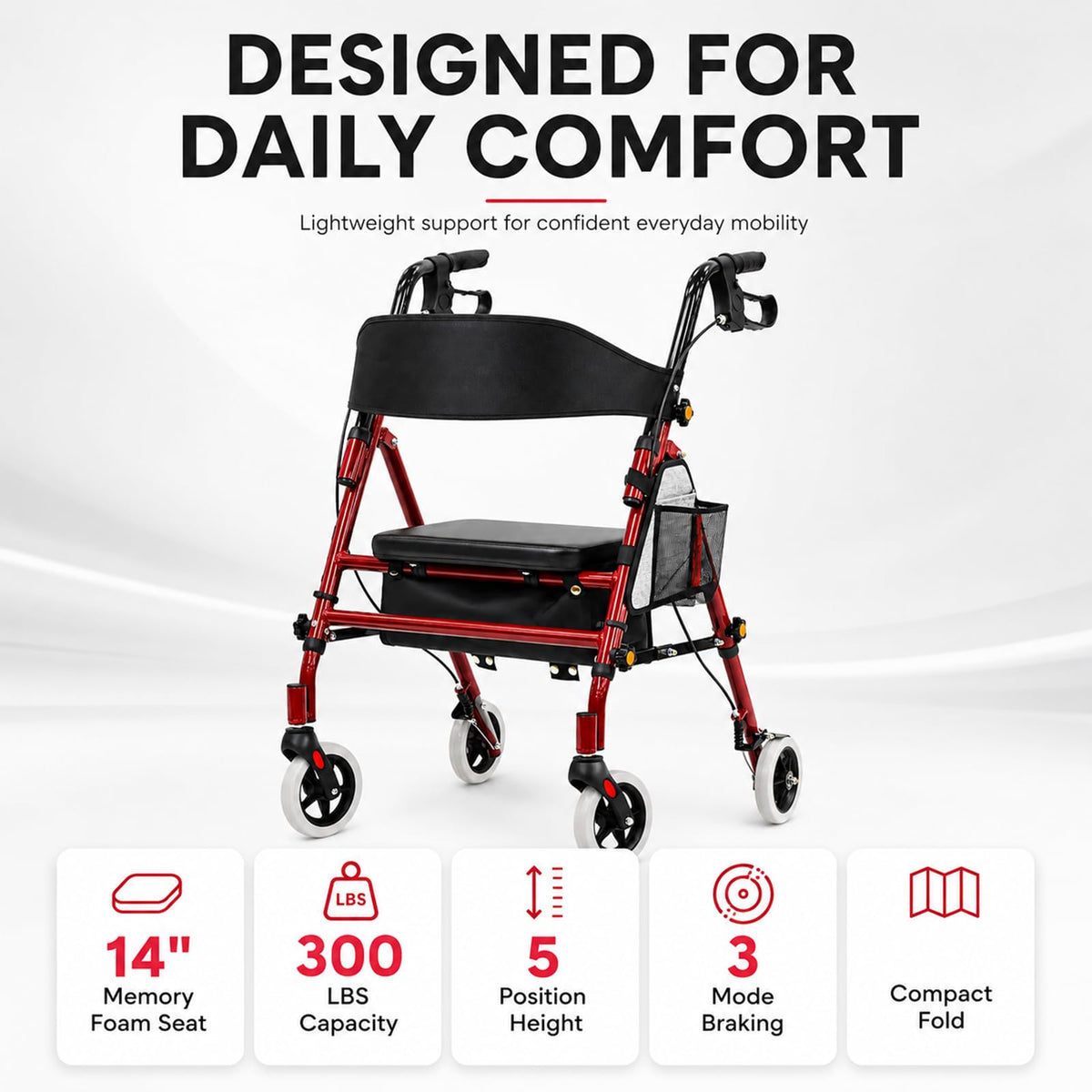 Foldable Rollator Walker with Seat, 300 Lb Capacity, Red C522