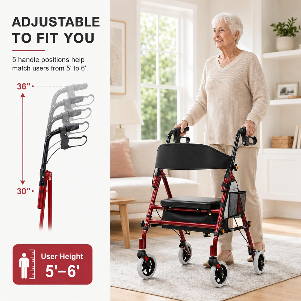 Foldable Rollator Walker with Seat, 300 Lb Capacity, Red C522