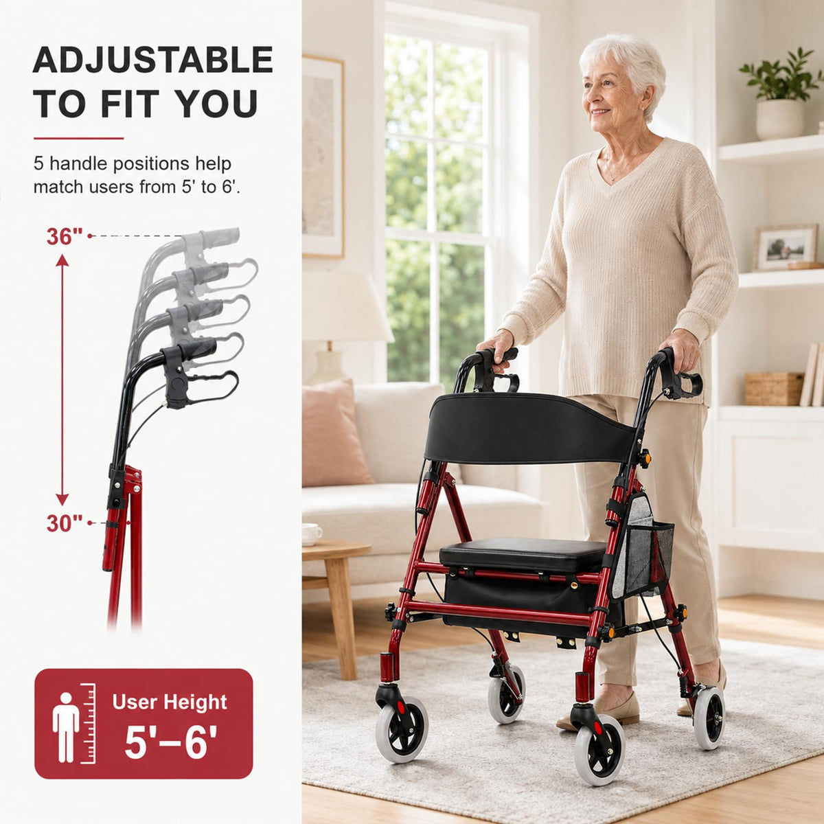 Foldable Rollator Walker with Seat, 300 Lb Capacity, Red C522