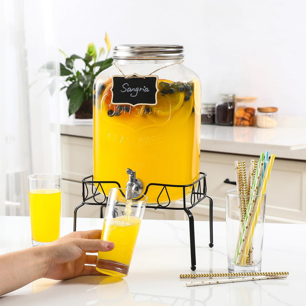 2 Gallon Glass Beverage Dispenser with Stand and Lid O927381