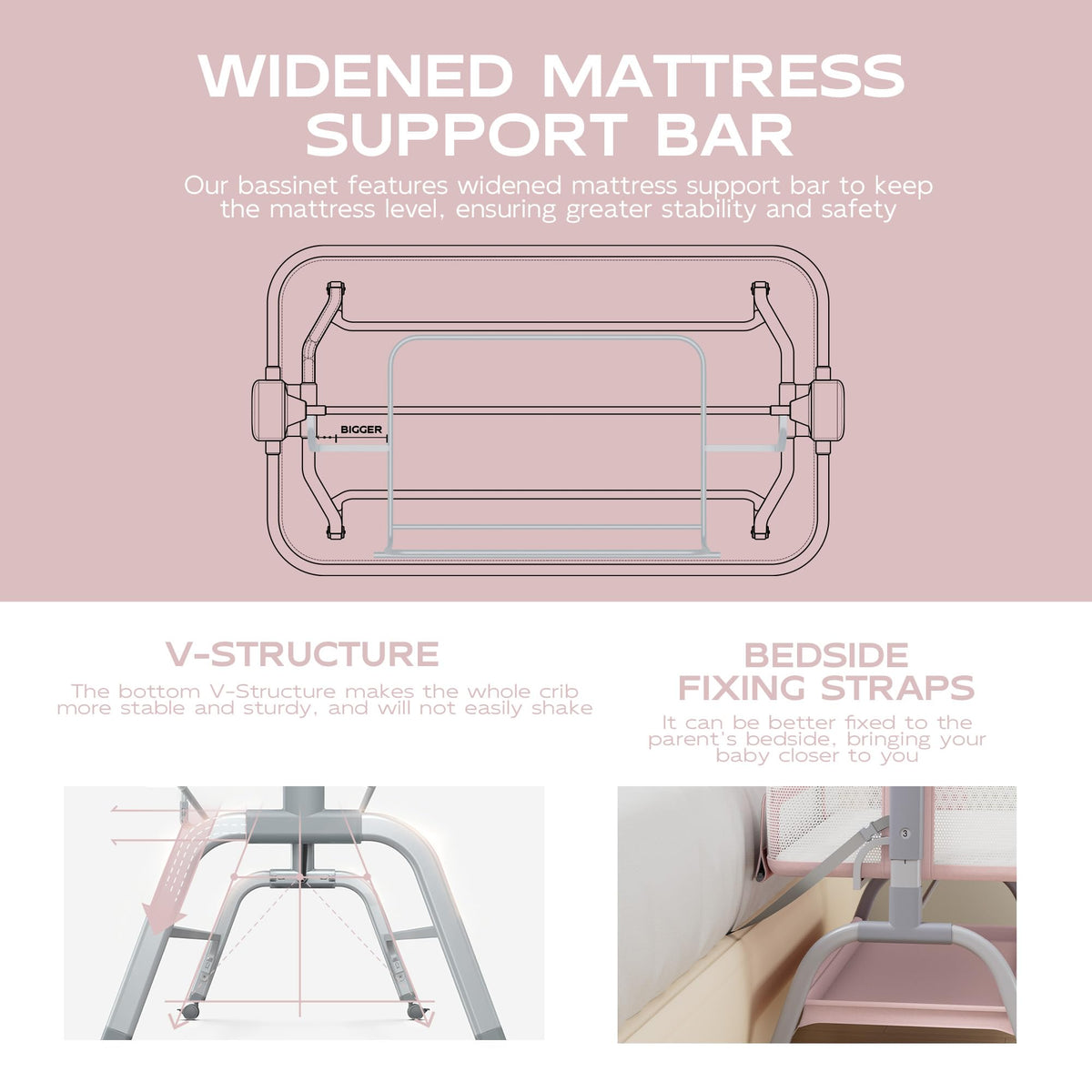 Baby Bassinet Bedside Crib with Mattress & Sheet, 4-Sided Mesh, Pink Q70977
