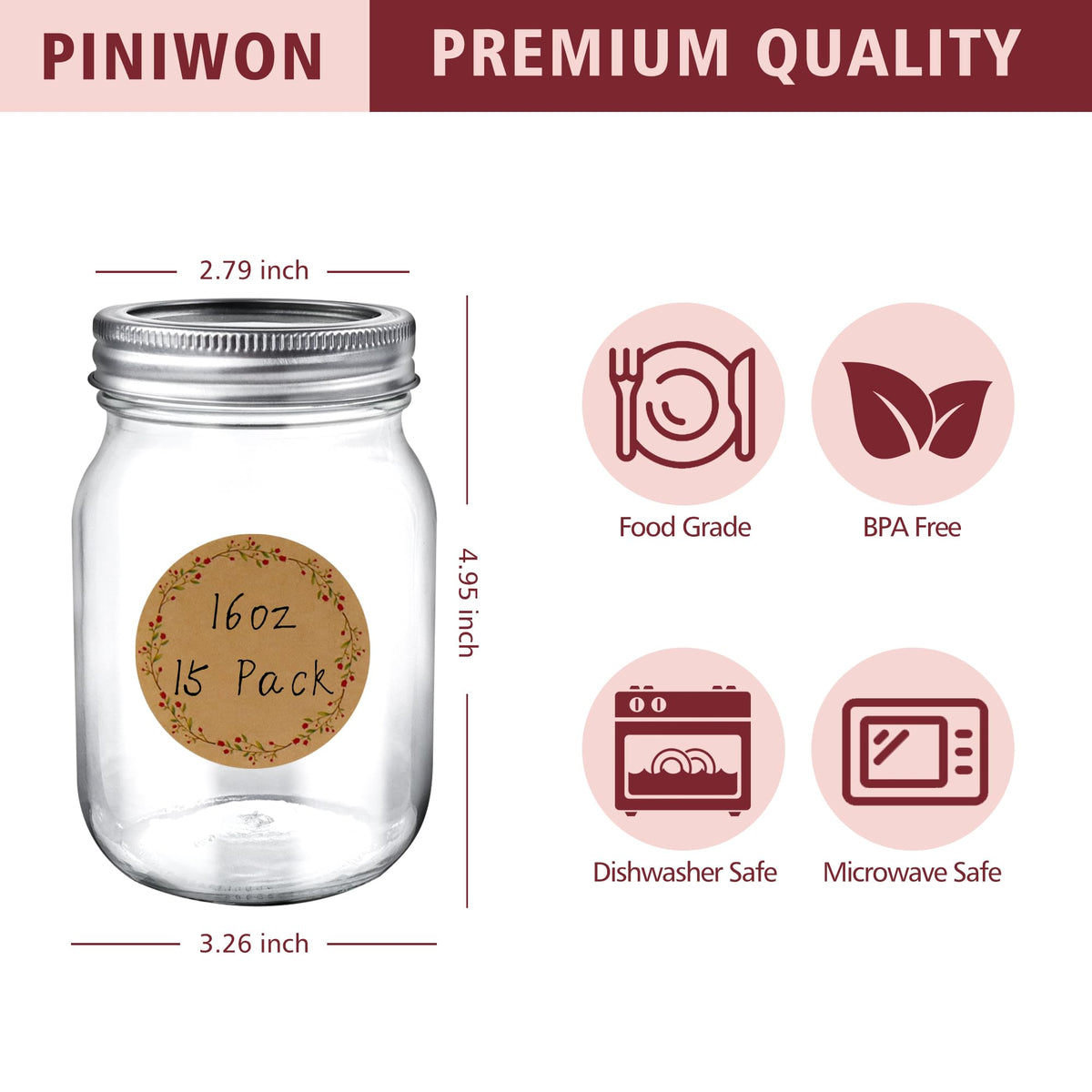 16 oz Mason Jars with Lids and Bands, 15 Pack T345