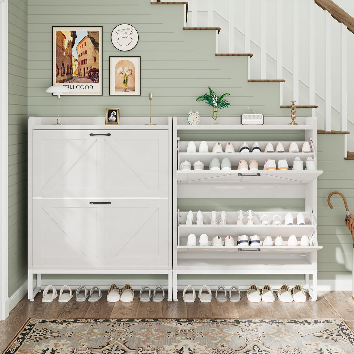 White 2 Flip Drawers Shoe Storage Cabinet W106