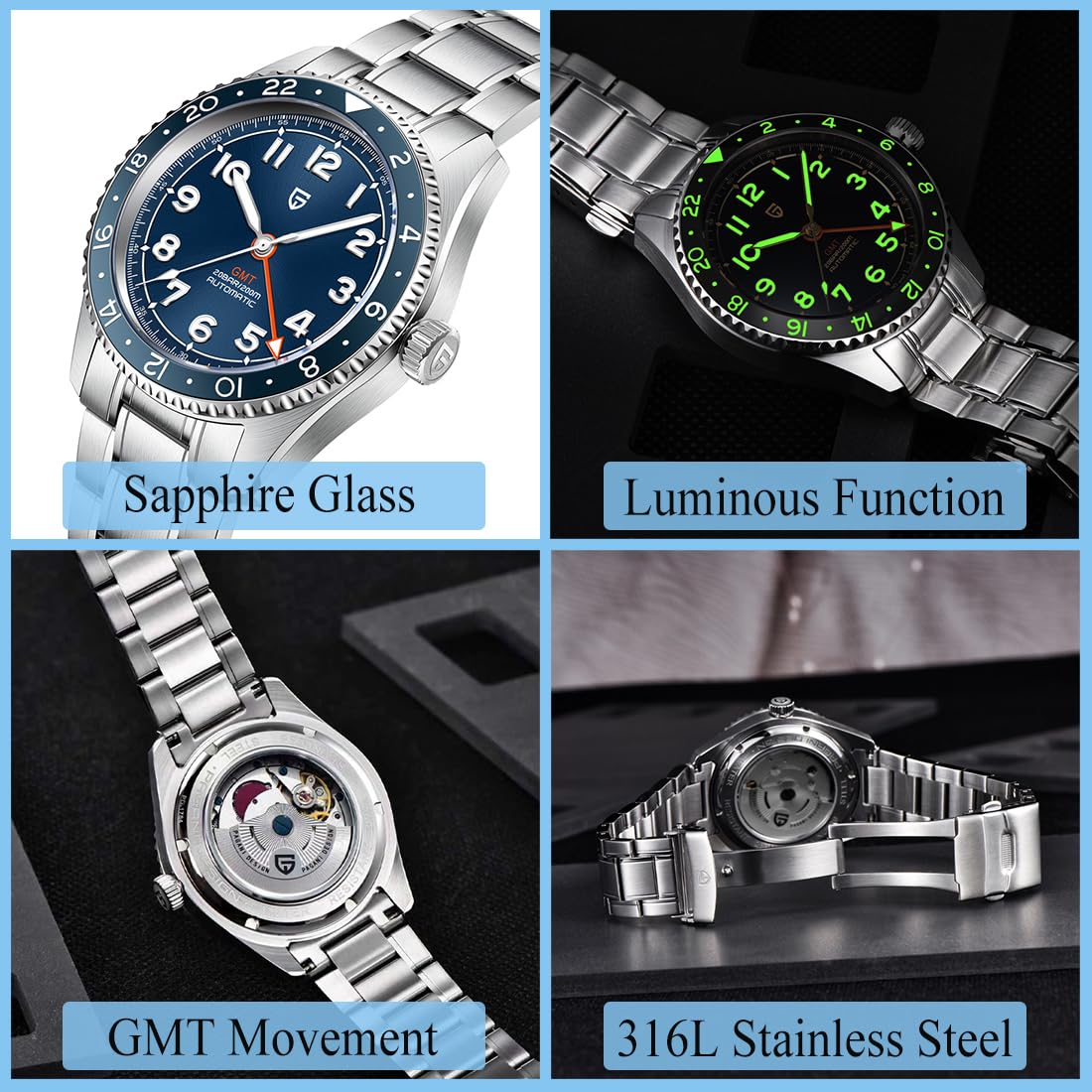 Automatic Mechanical GMT 40mm Sapphire Glass 316L Stainless Steel Waterproof Diver Wrist Watch L898380