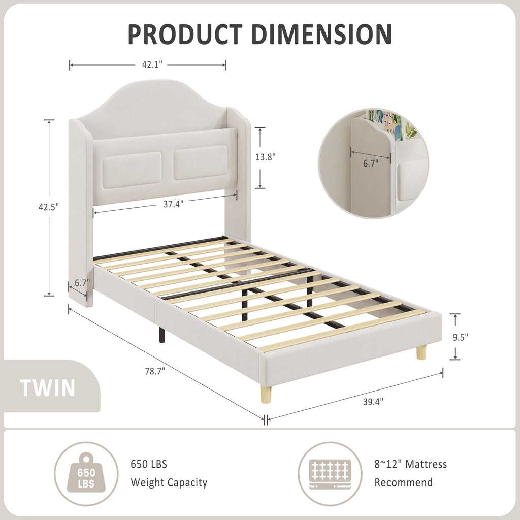 Beige Upholstered Platform Bed with LED Lights C582