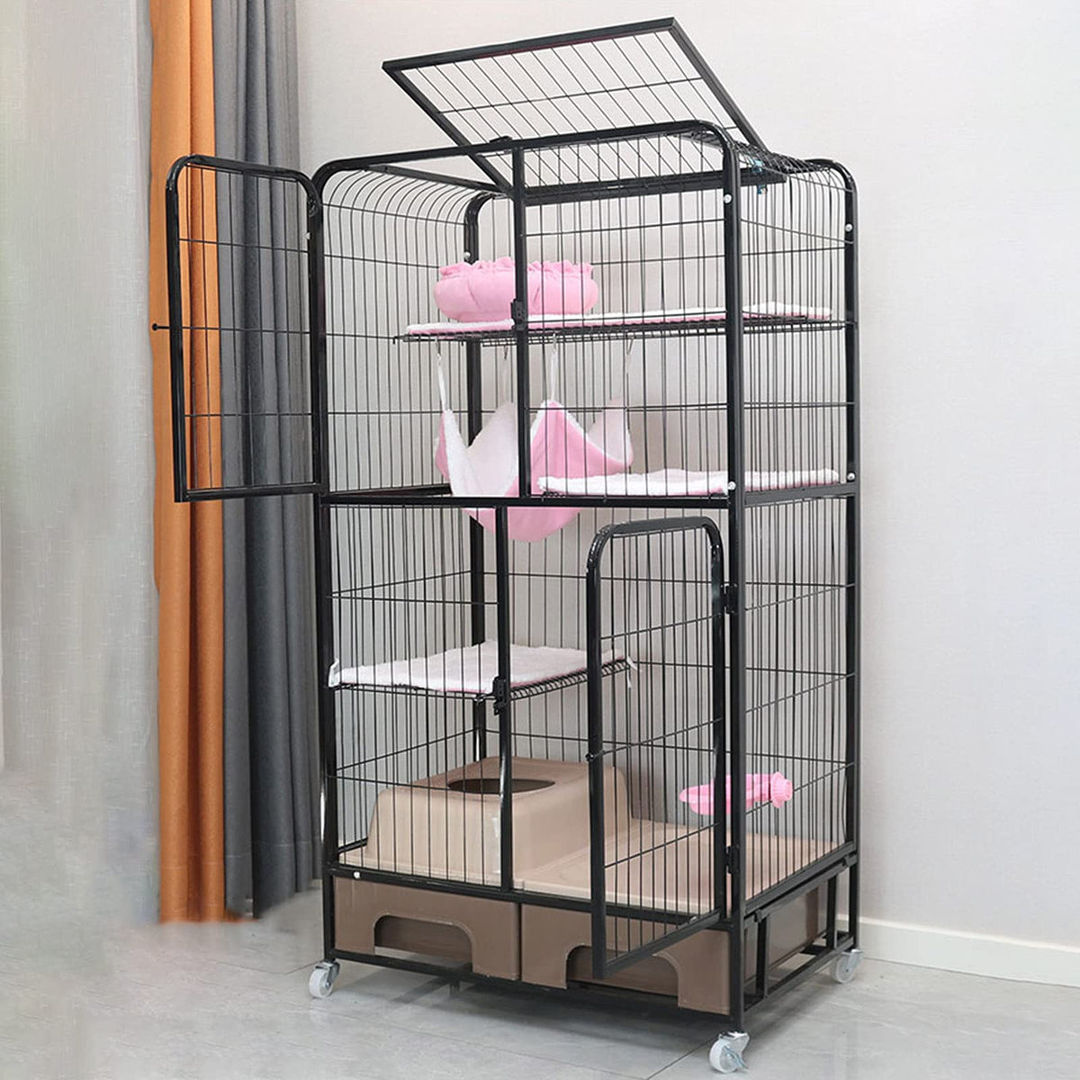 Black Four Layer Metal Cat Cage Dog Crate B4693