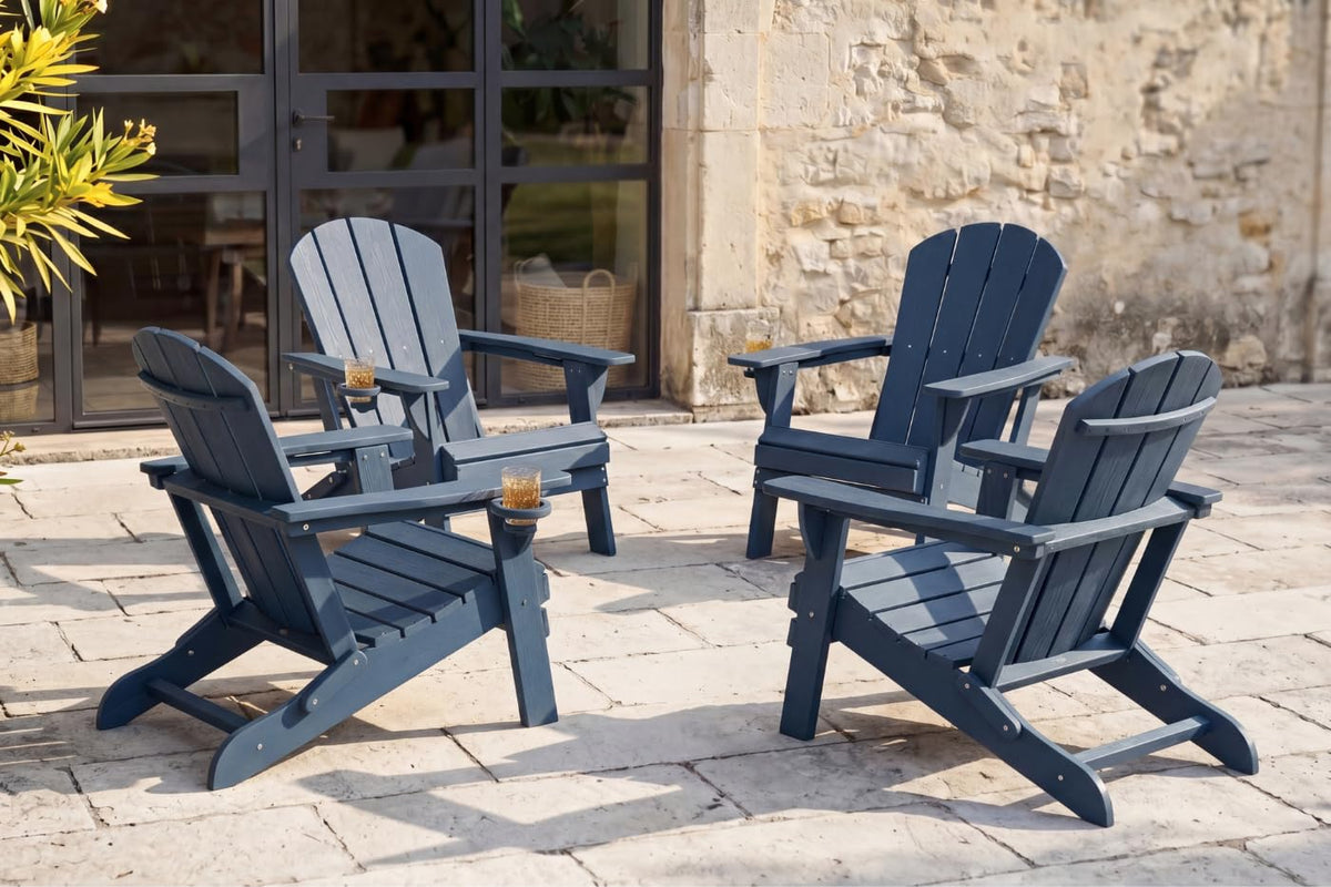 Folding Adirondack Chairs Set of 4 with Cup Holders, Heavy-Duty HDPE Plastic, Navy Blue P614786