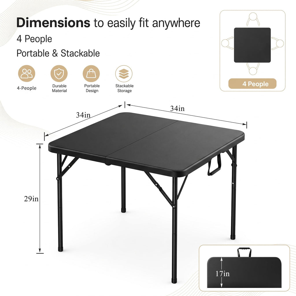 34" Square Folding Card Table with Built-in Handle, Black U194967