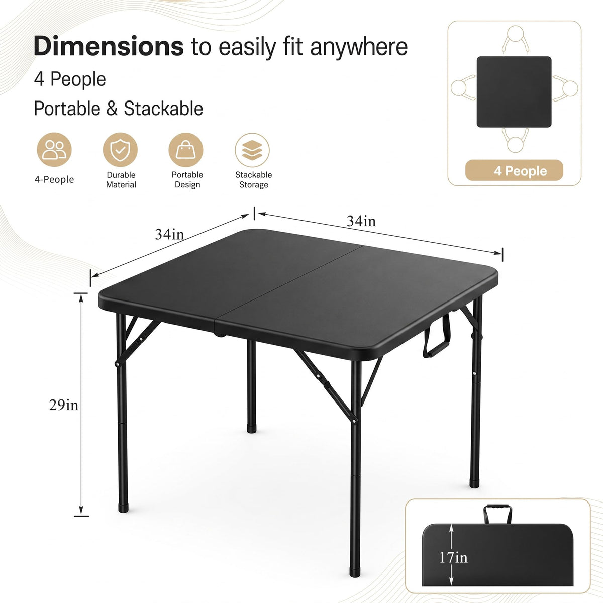 34" Square Folding Card Table with Built-in Handle, Black U194967
