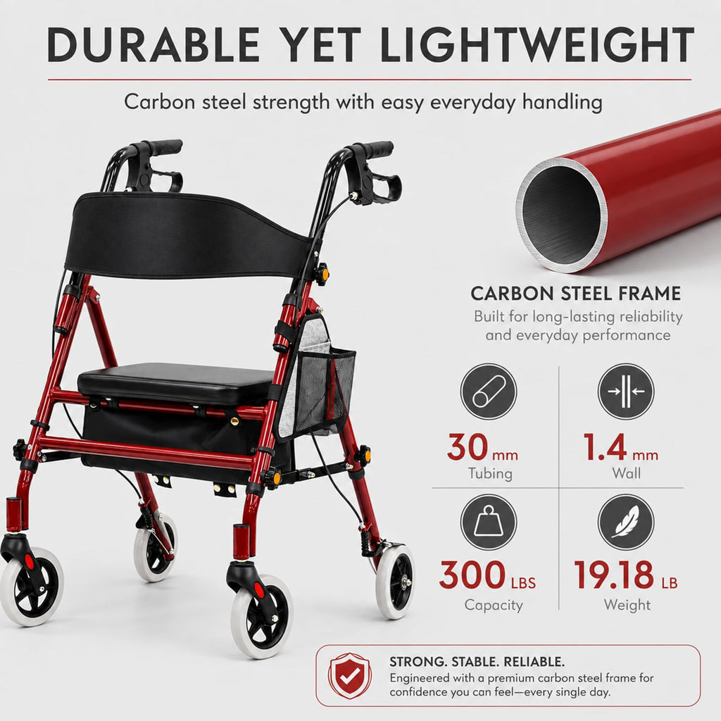 Foldable Rollator Walker with Seat, 300 Lb Capacity, Red C522