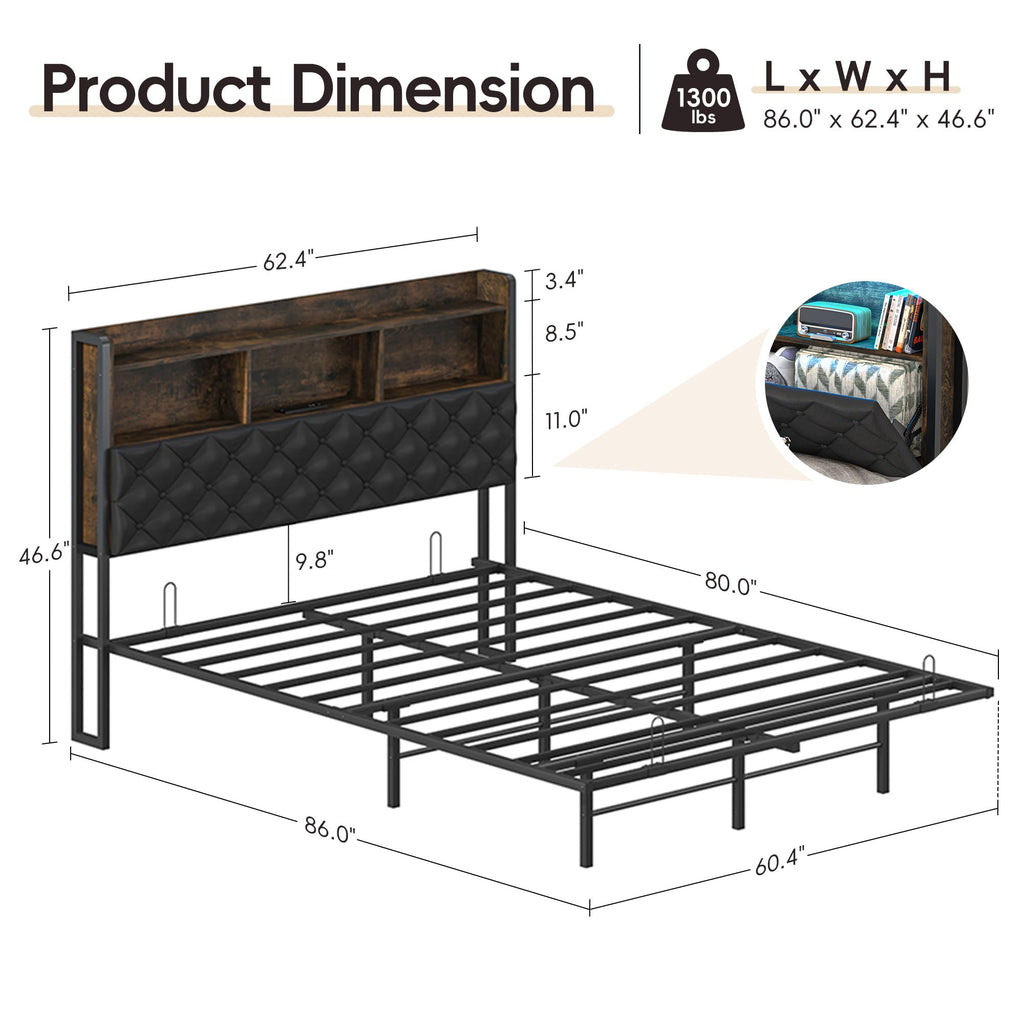 Queen Size Metal Platform Bed with Storage Bookcase Headboard H336376