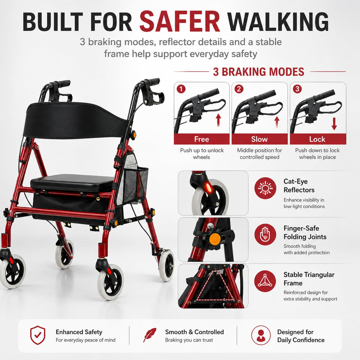 Foldable Rollator Walker with Seat, 300 Lb Capacity, Red C522