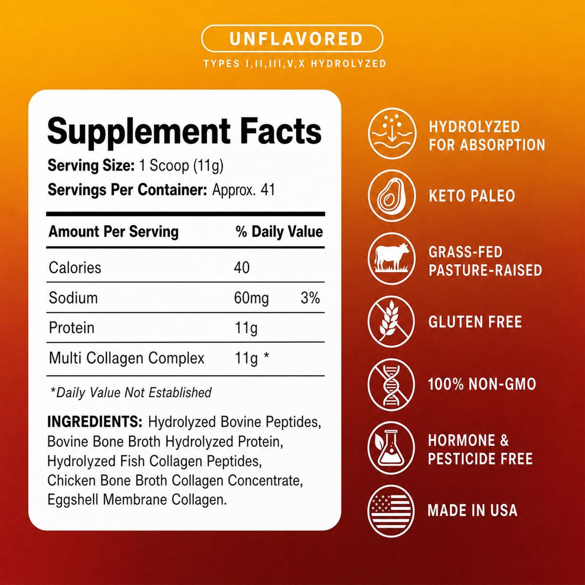 Multi Hydrolyzed Collagen Peptides Type I, II, III, V, & X Grass Fed Bovine Wild Caught Marine Free Range Chicken Gluten Free Unflavored 1 Pound Q92927