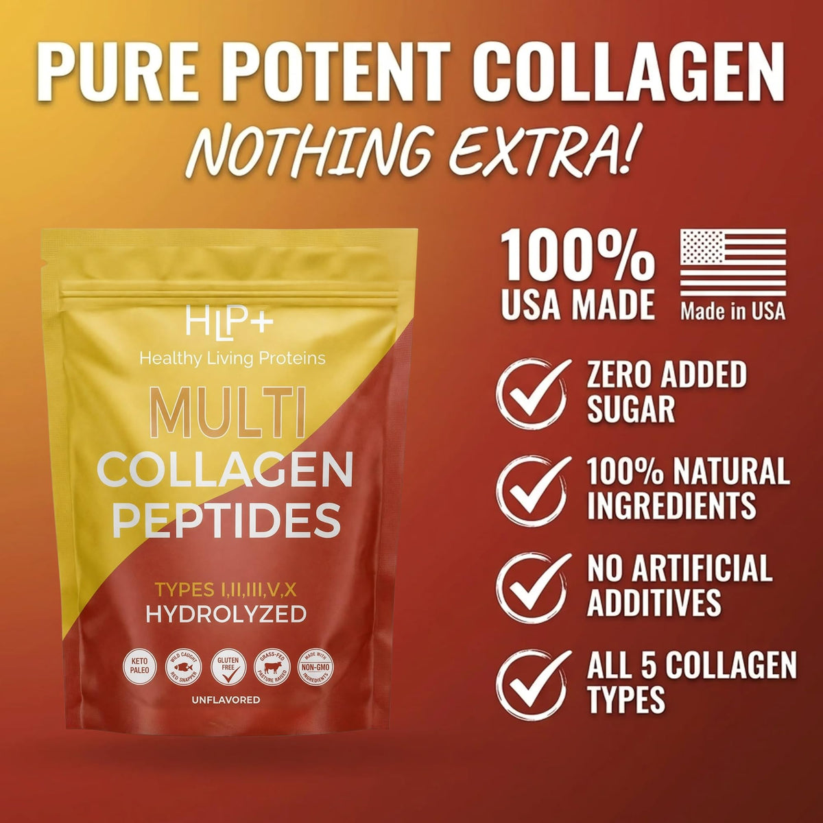 Multi Hydrolyzed Collagen Peptides Type I, II, III, V, & X Grass Fed Bovine Wild Caught Marine Free Range Chicken Gluten Free Unflavored 1 Pound Q92927