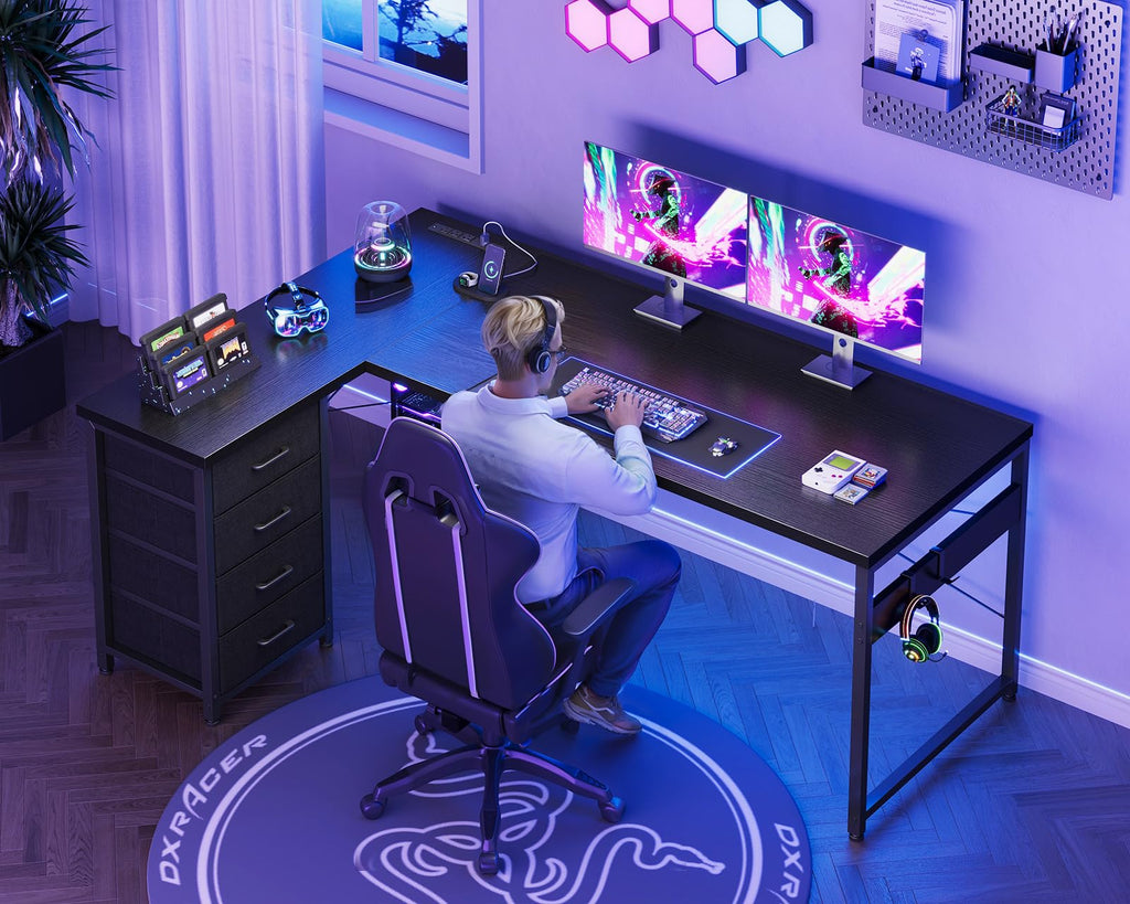 61" L Shaped Gaming Desk with 4 Drawers and Power Outlets, Black T475654