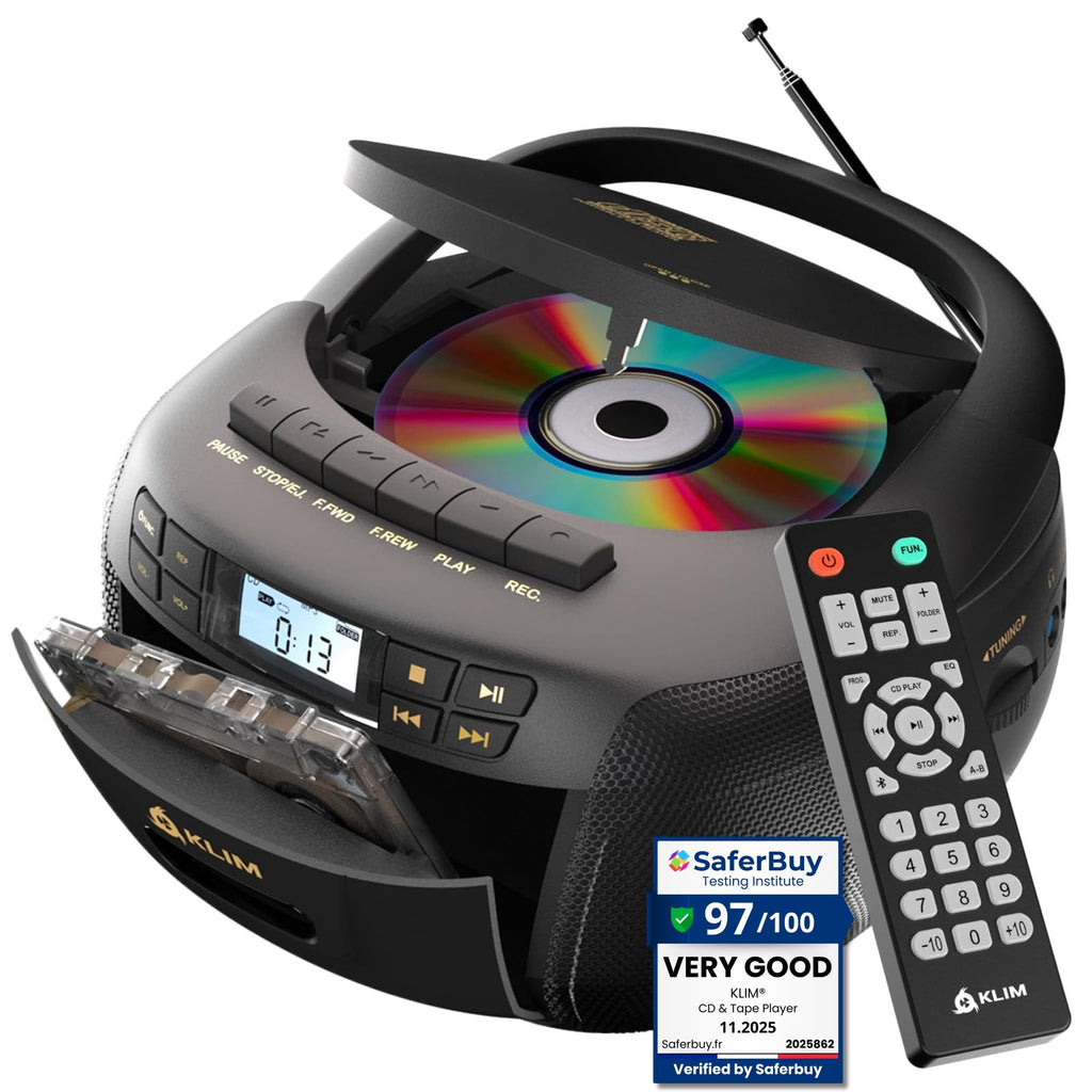 Black CD Cassette Player Boombox with Bluetooth and AM FM Radio I2241