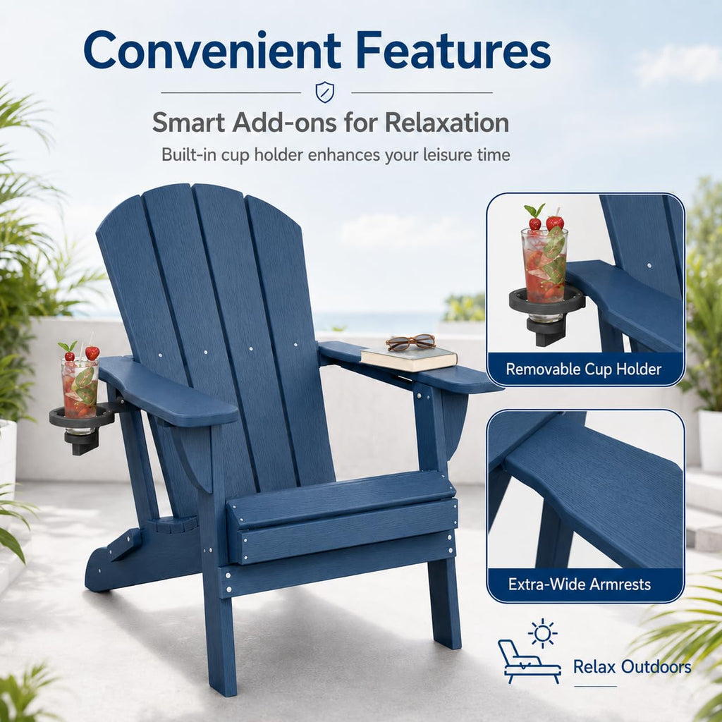 Folding Adirondack Chairs Set of 4 with Cup Holders, Heavy-Duty HDPE Plastic, Navy Blue P614786