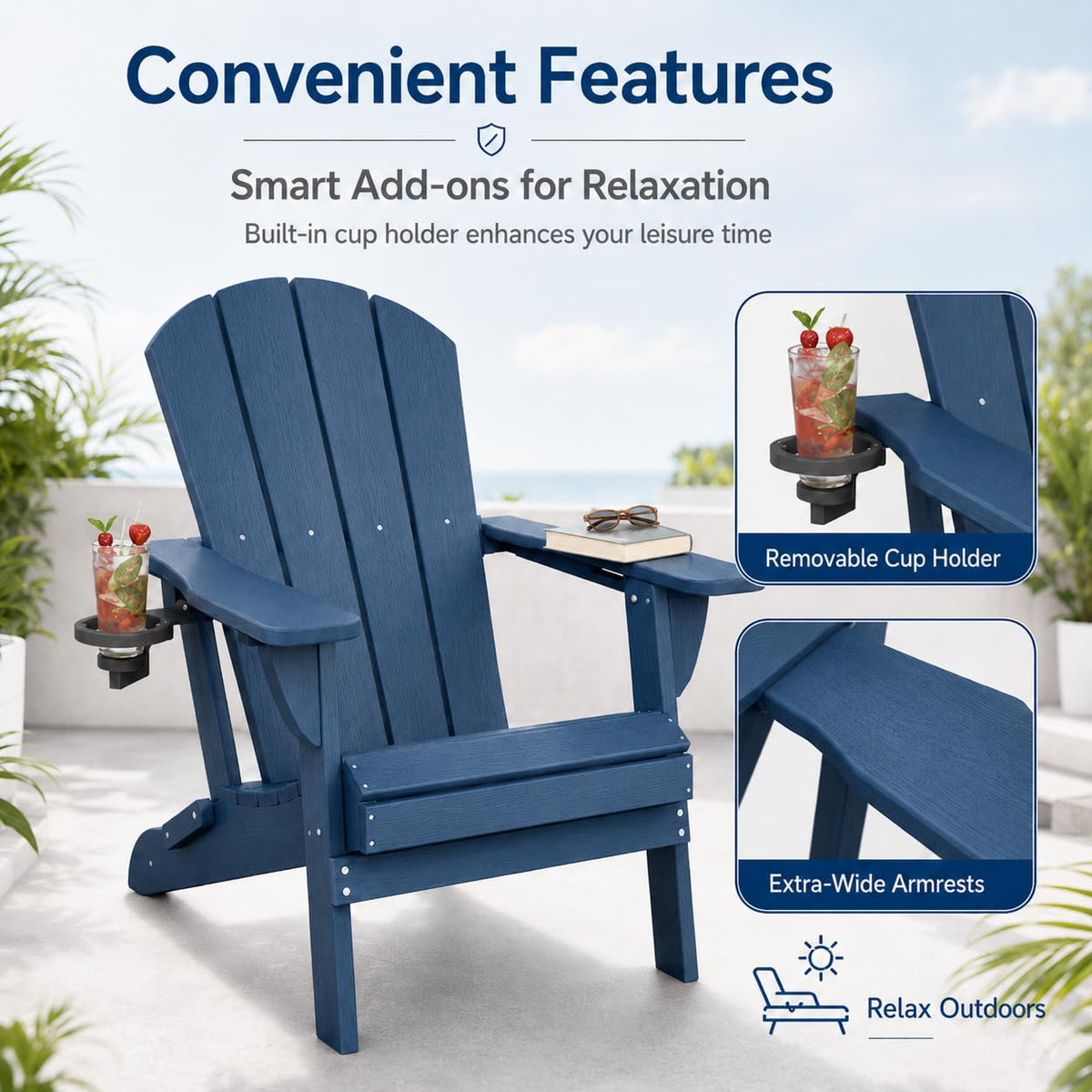 Folding Adirondack Chairs Set of 4 with Cup Holders, Heavy-Duty HDPE Plastic, Navy Blue P614786