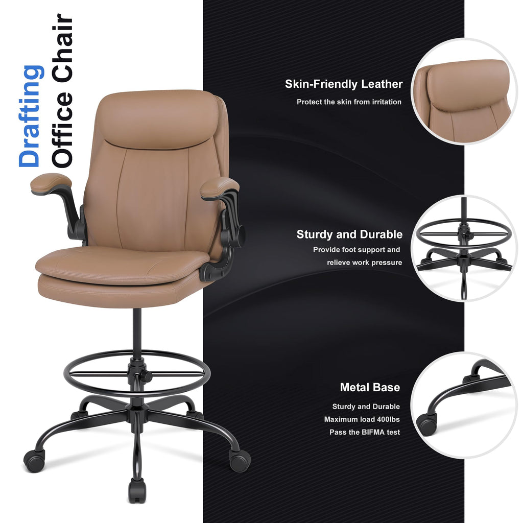 Leather Drafting Chair with Adjustable Height and Flip-up Armrest L330353