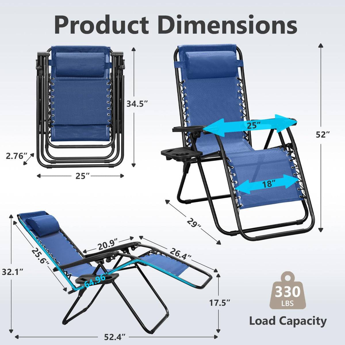 Blue Set of 2 Zero Gravity Lounge Chair with Pillow & Cup Holder U302