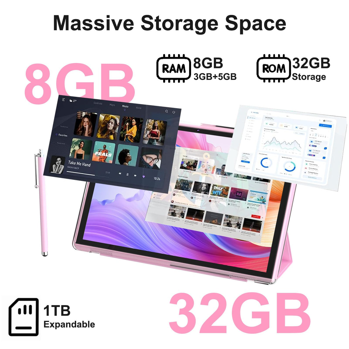 10 Inch Android Tablet with Case Stylus 8GB RAM 32GB ROM W8010